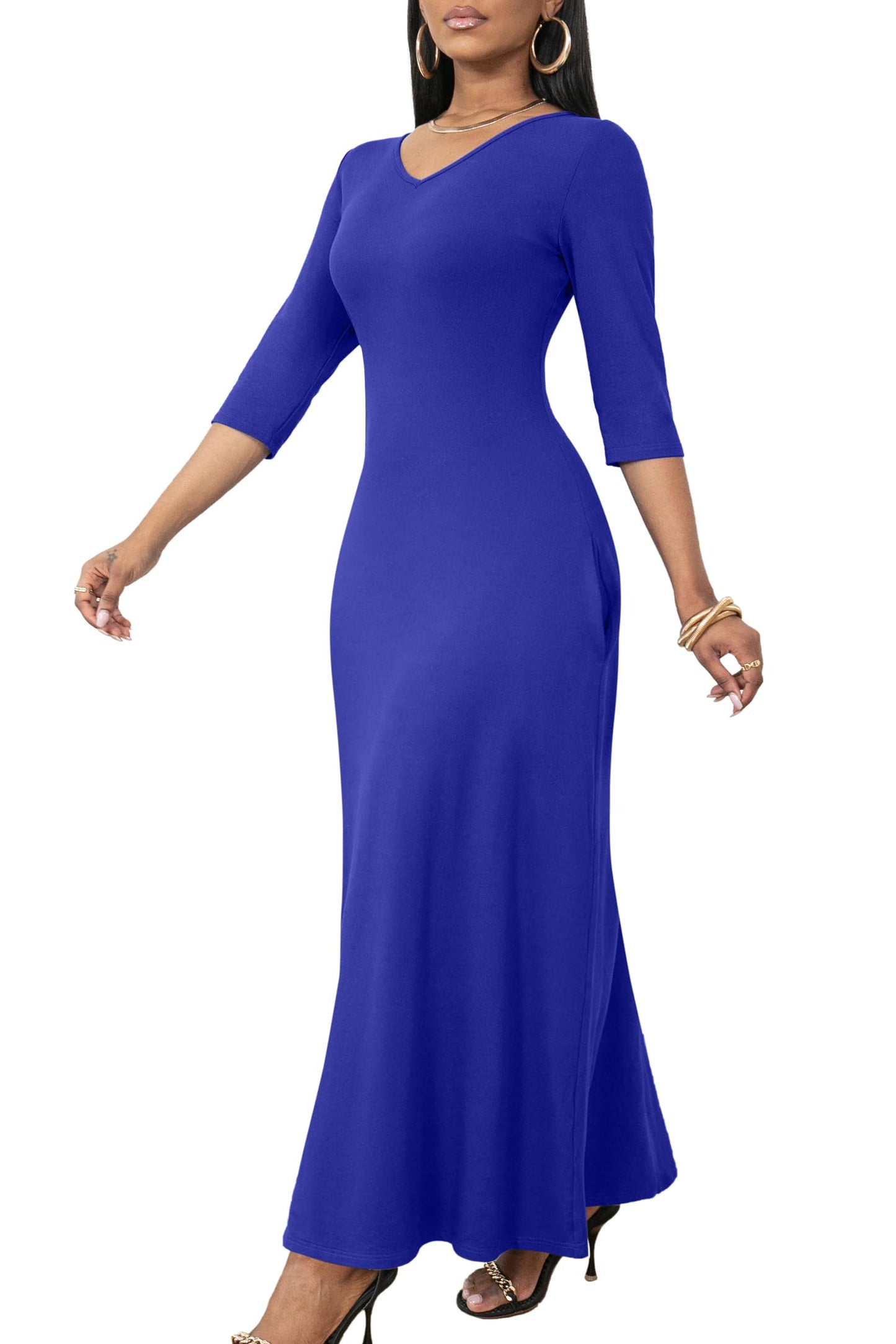 FANDEE Plus Size Maxi Dresses for Curvy Women Summer T Shirt Blue Casual Dress Long Sleeve Solid Navy Blue XX-Large